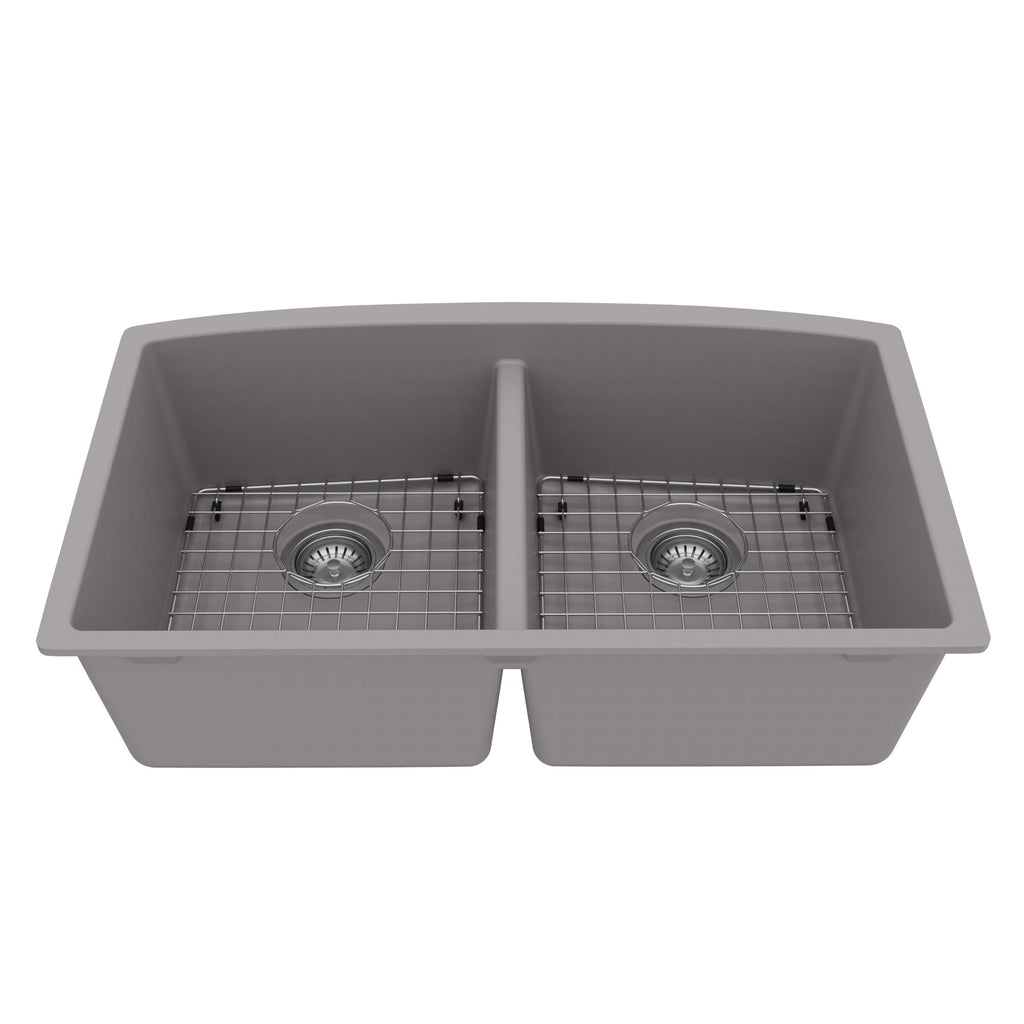 32-1/2" Undermount Double Equal Bowl Quartz Composite Kitchen Sink Kit In Grey