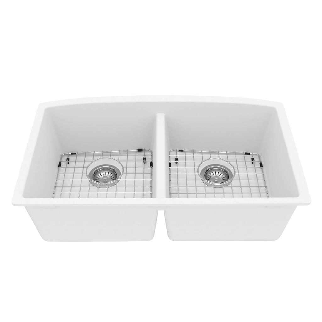 32-1/2" Undermount Double Equal Bowl Quartz Composite Kitchen Sink Kit In White