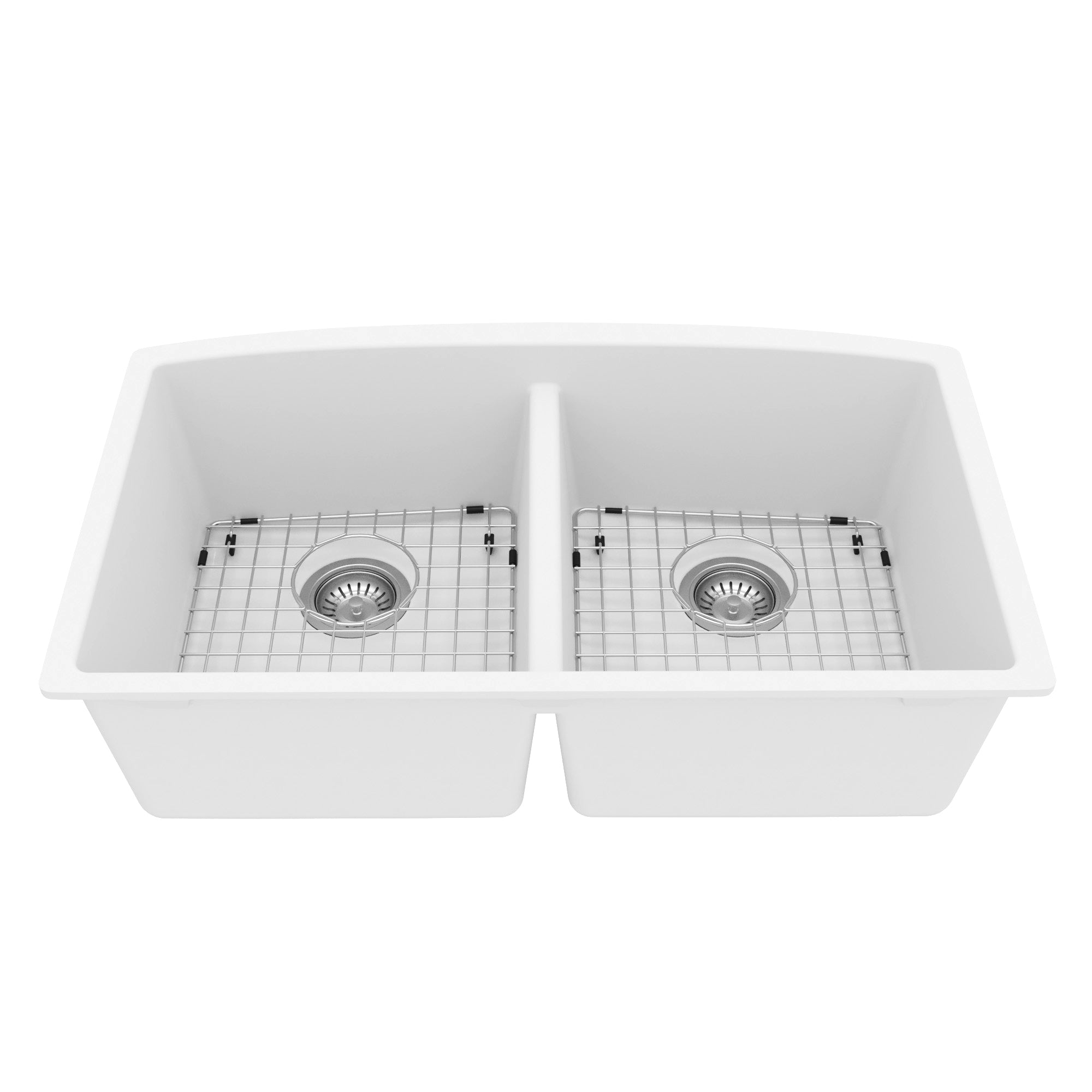 32-1/2" Undermount Double Equal Bowl Quartz Composite Kitchen Sink Kit In White