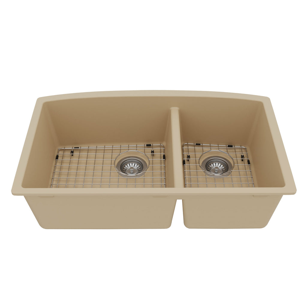 32-1/2" Undermount Double Offset Bowl Quartz Composite Kitchen Sink Kit In Bisque