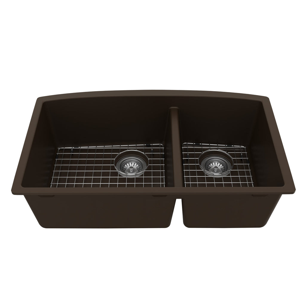 32-1/2" Undermount Double Offset Bowl Quartz Composite Kitchen Sink Kit In Brown