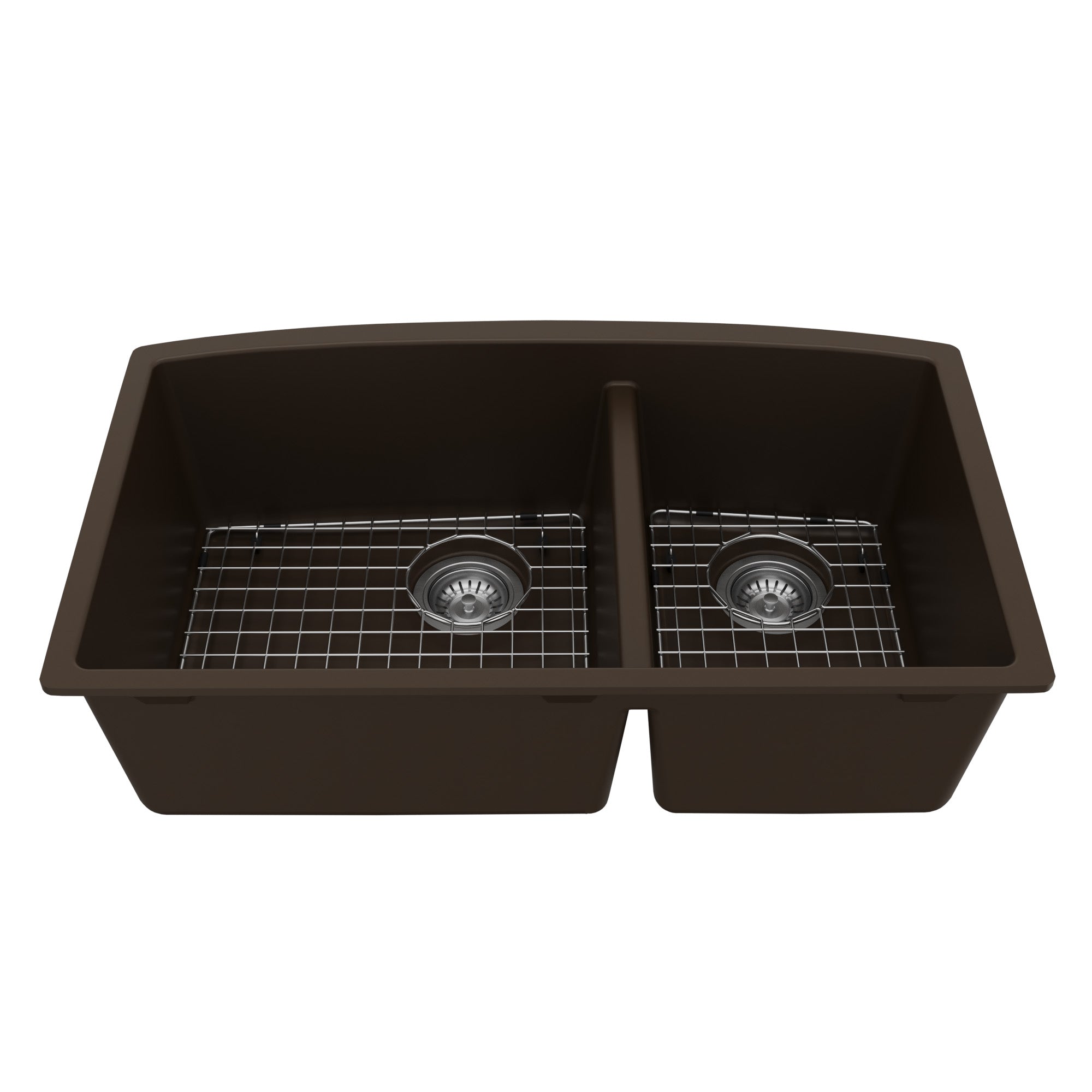 32-1/2" Undermount Double Offset Bowl Quartz Composite Kitchen Sink Kit In Brown