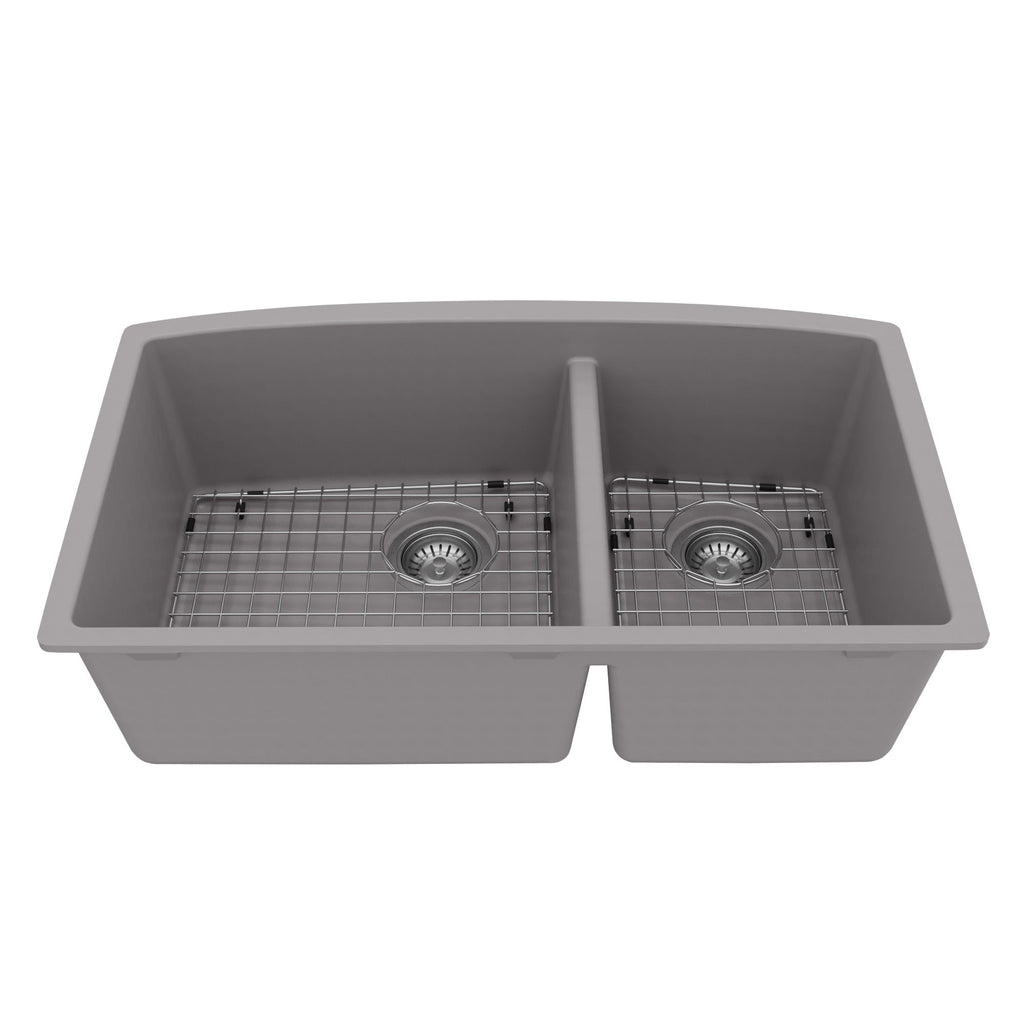 32-1/2" Undermount Double Offset Bowl Quartz Composite Kitchen Sink Kit In Grey