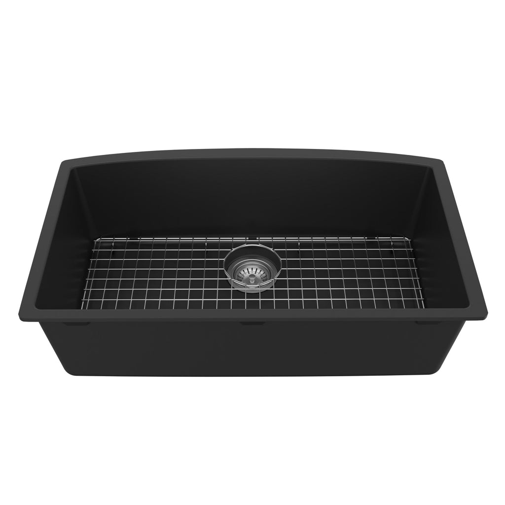 32-1/2" Undermount Large Single Bowl Quartz Composite Kitchen Sink Kit In Black