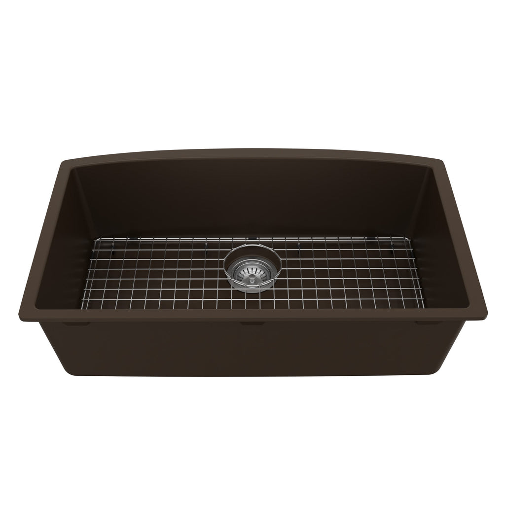 32-1/2" Undermount Large Single Bowl Quartz Composite Kitchen Sink Kit In Brown