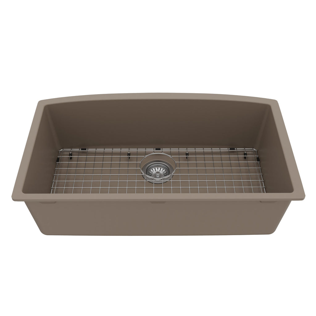 32-1/2" Undermount Large Single Bowl Quartz Composite Kitchen Sink Kit In Concrete