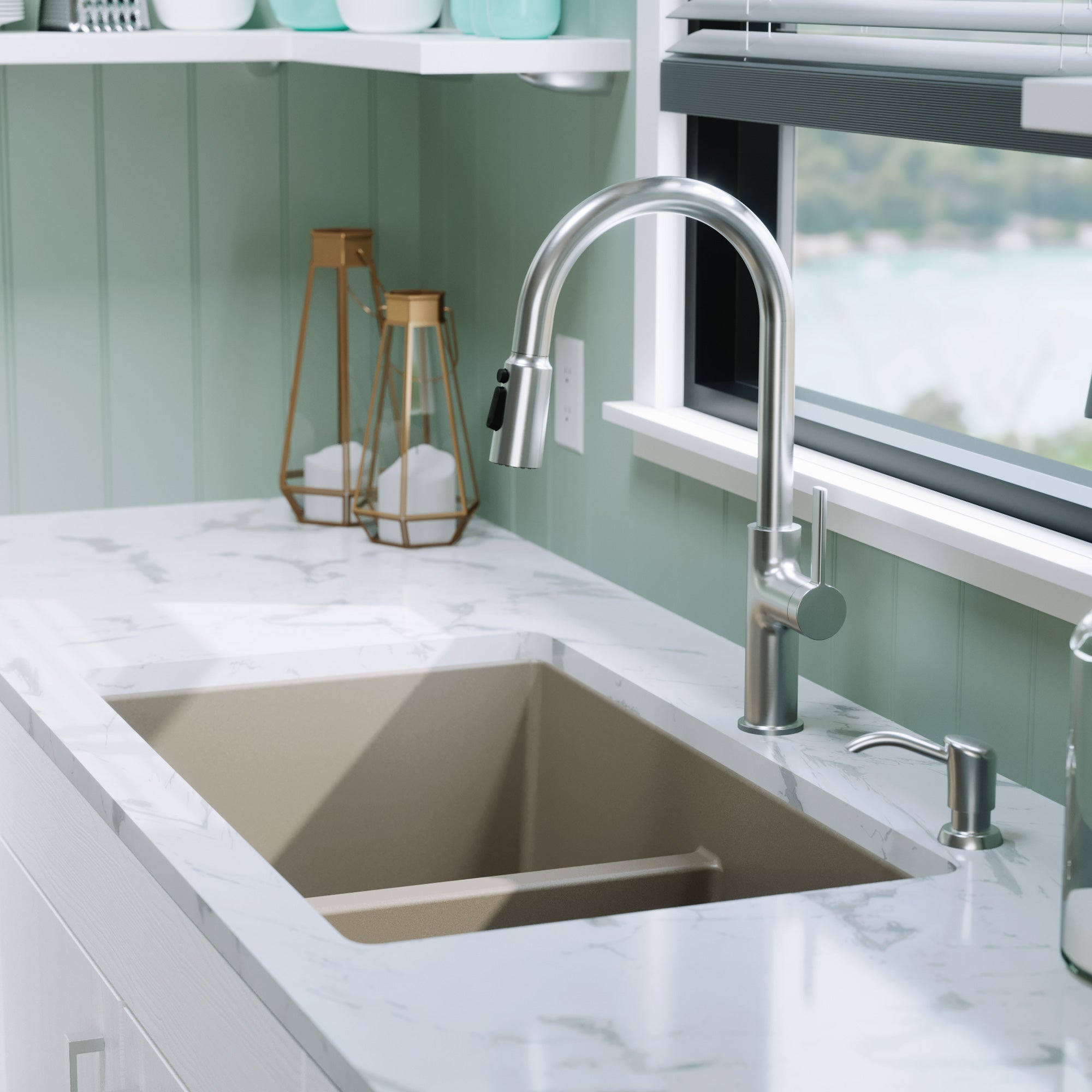 32-3/8" Undermount Double Equal Bowl Quartz Composite Kitchen Sink Kit In Concrete