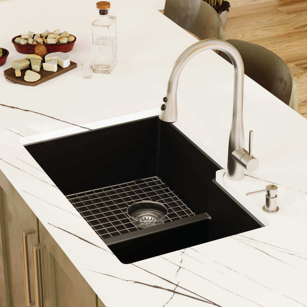 32" Undermount Double Offset Bowl Quartz Composite Kitchen Sink Kit In Black