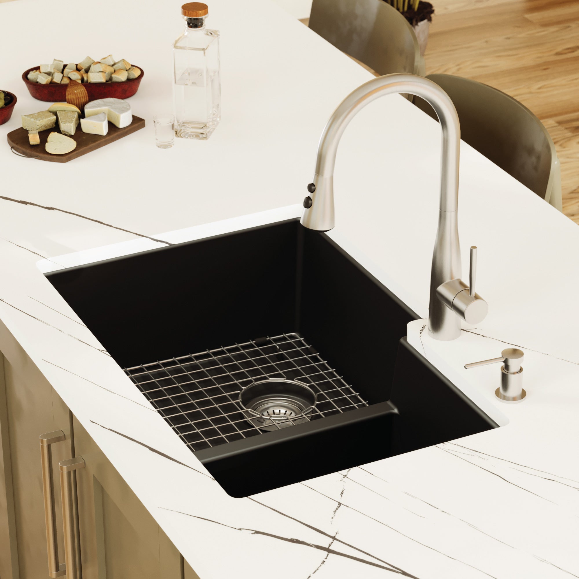 32" Undermount Double Offset Bowl Quartz Composite Kitchen Sink Kit In Black