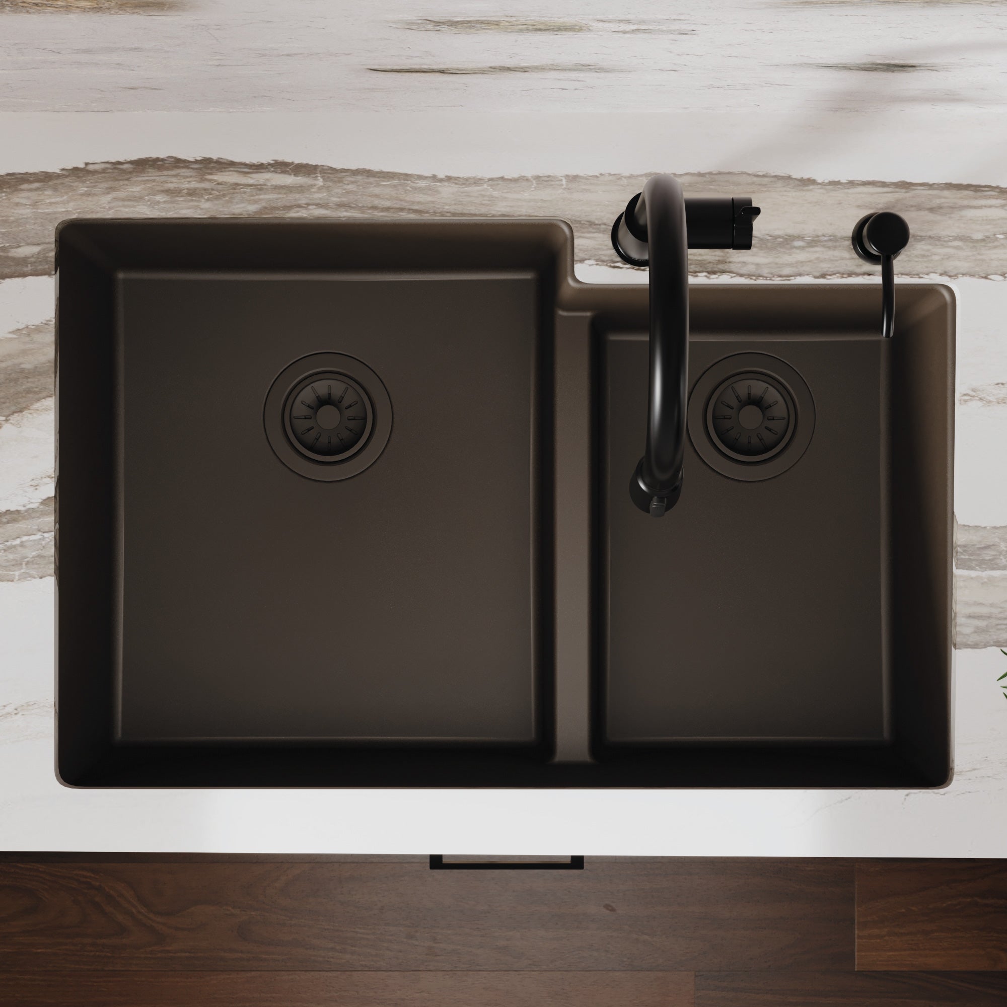 32-1/4" Undermount Double Offset Bowl Quartz Composite Kitchen Sink In Brown