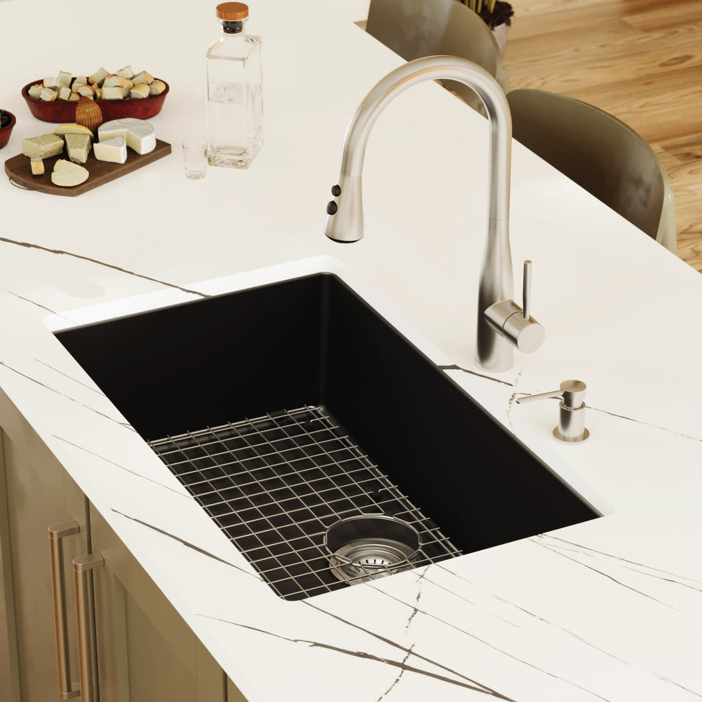 32-3/8" Undermount Large Single Bowl Quartz Composite Kitchen Sink Kit In Black