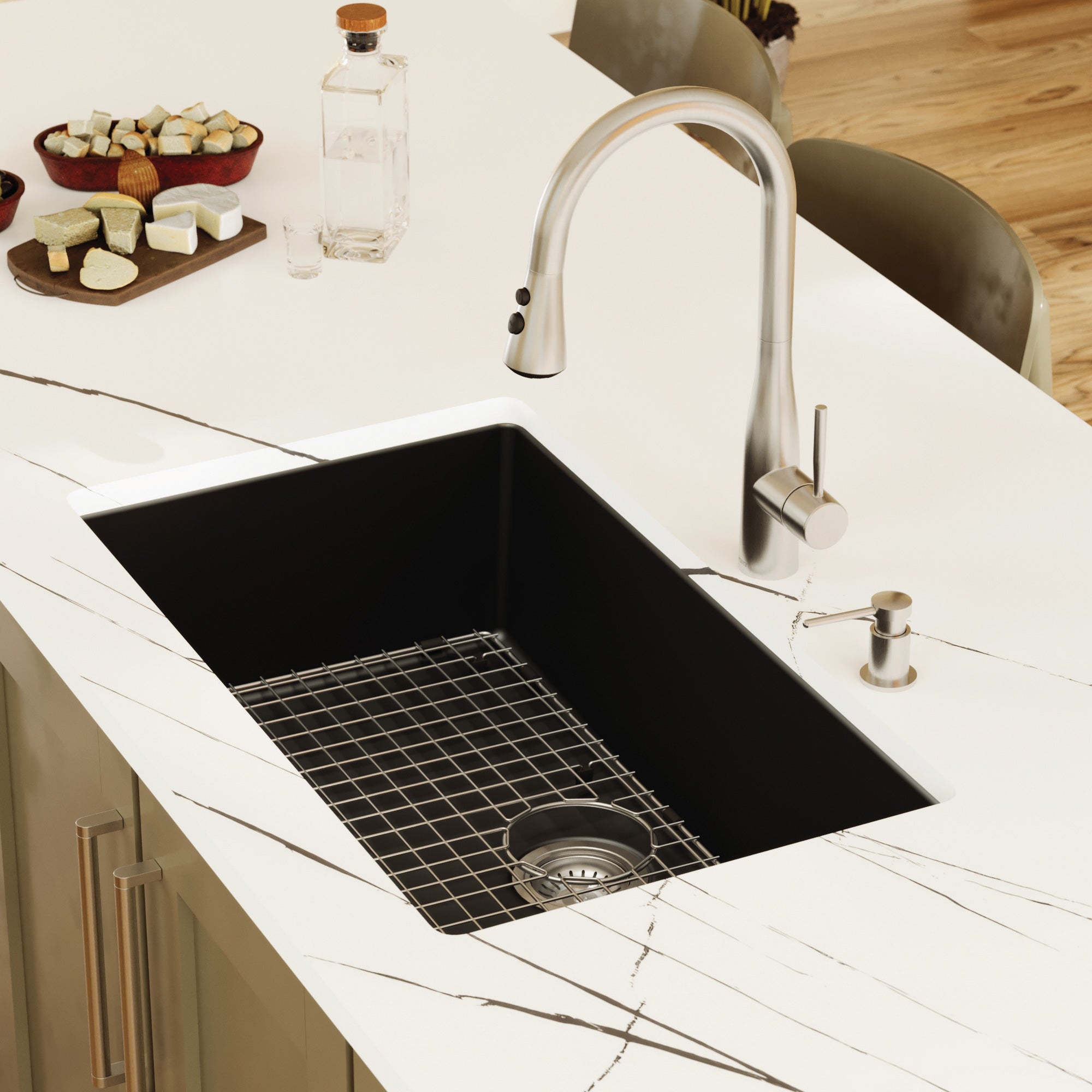 32-3/8" Undermount Large Single Bowl Quartz Composite Kitchen Sink Kit In Black