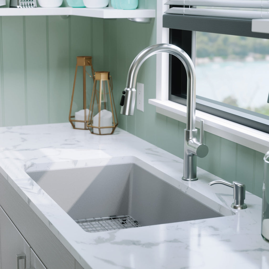 32-3/8" Undermount Large Single Bowl Quartz Composite Kitchen Sink Kit In Grey