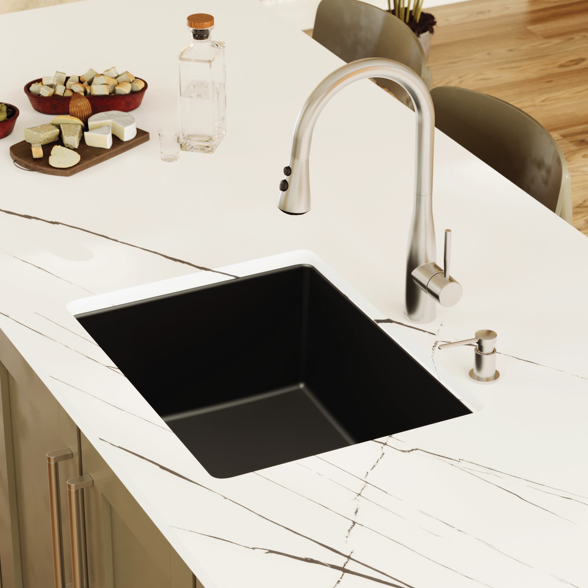 24-3/8" Undermount Single Bowl Quartz Composite Kitchen Sink In Black