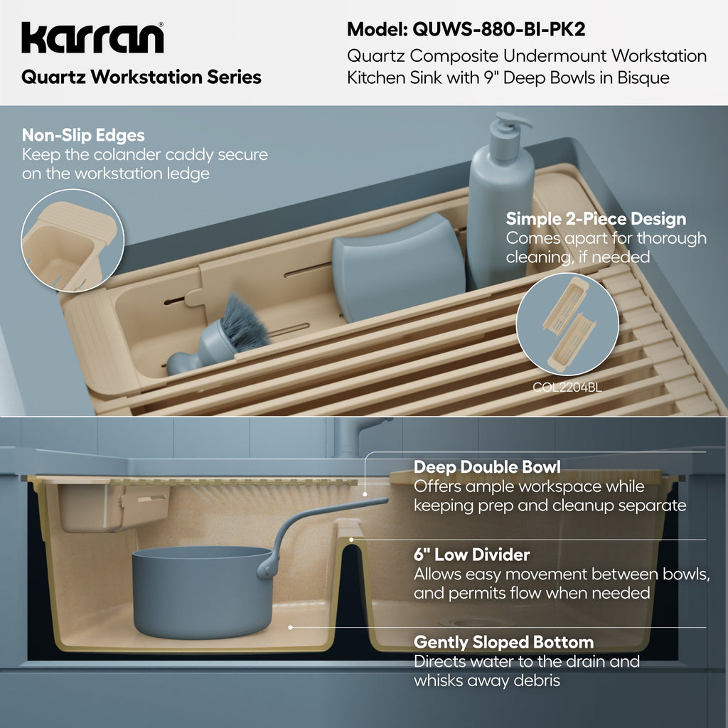 32" Undermount Double Bowl Quartz Kitchen Sink Kit In Bisque