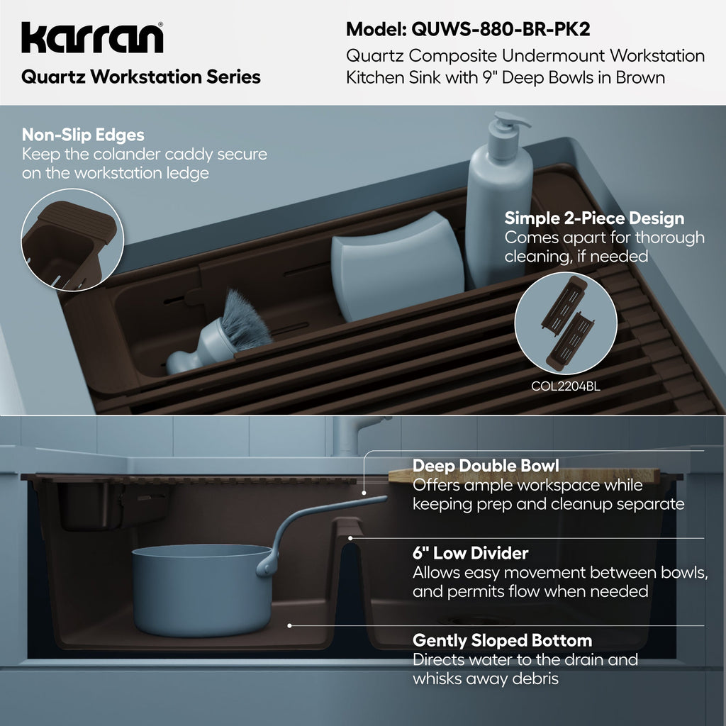 32" Undermount Double Bowl Quartz Kitchen Sink Kit In Brown