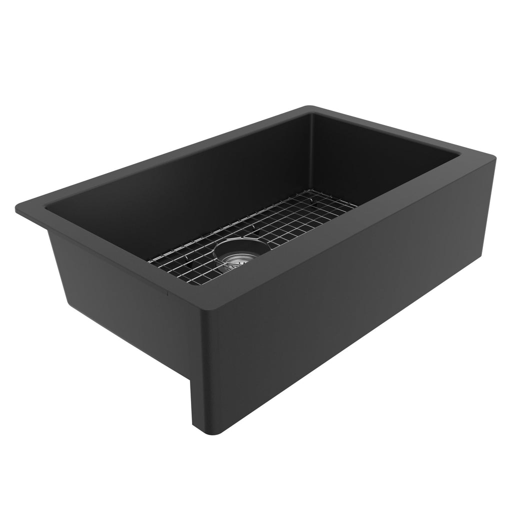34" Farmhouse Large Single Bowl Quartz Composite Kitchen Sink Kit In Black