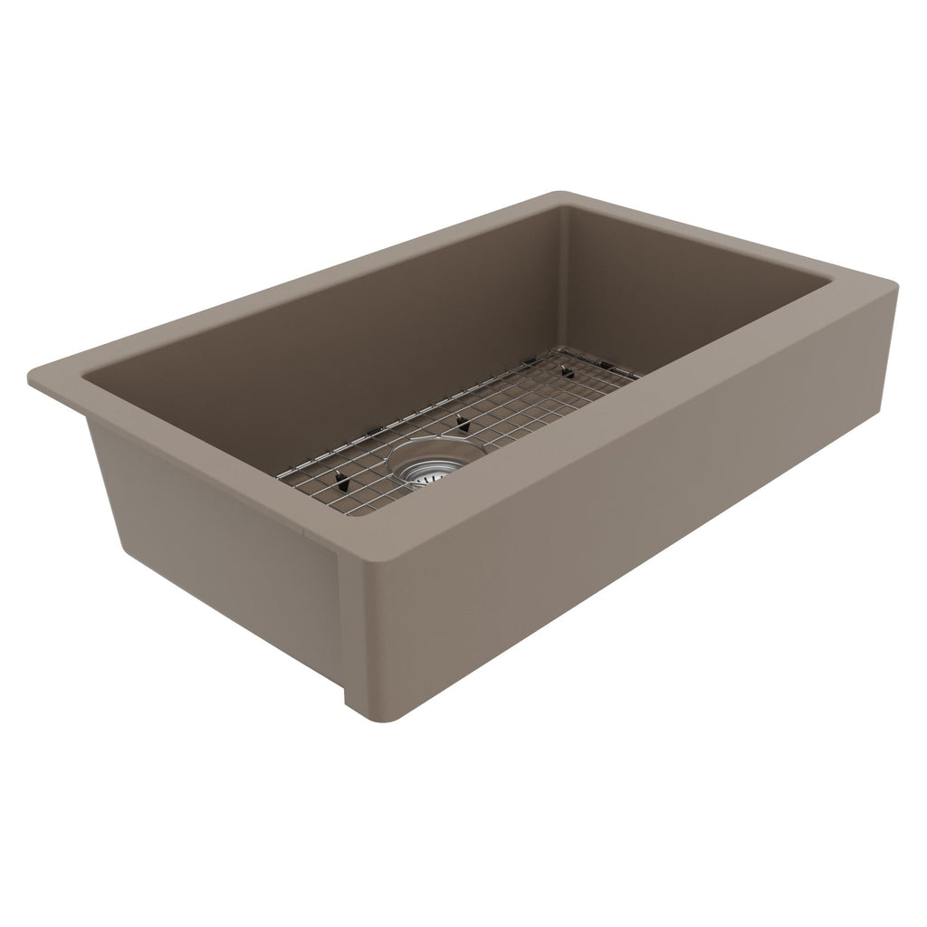 34" Retrofit Farmhouse Large Single Bowl Quartz Composite Kitchen Sink Kit In Concrete