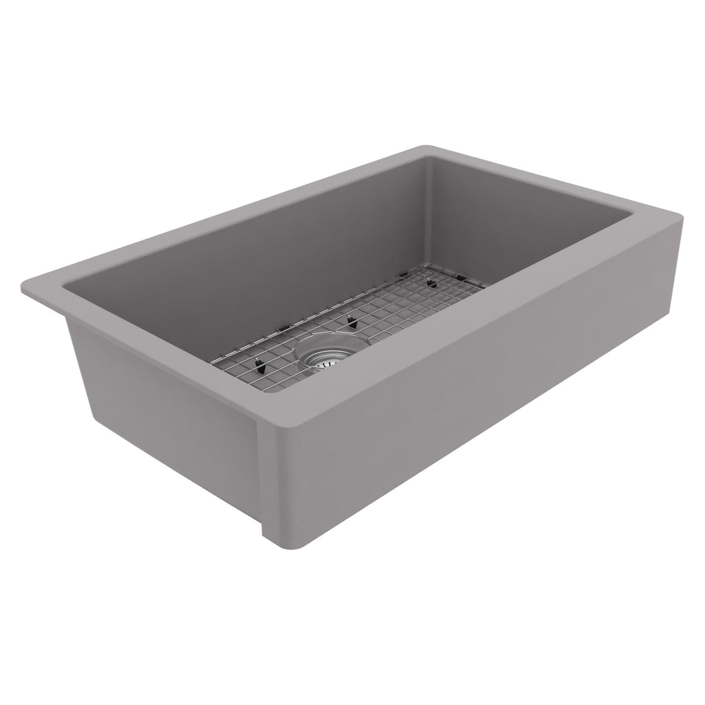 34" Retrofit Farmhouse Large Single Bowl Quartz Composite Kitchen Sink Kit In Grey