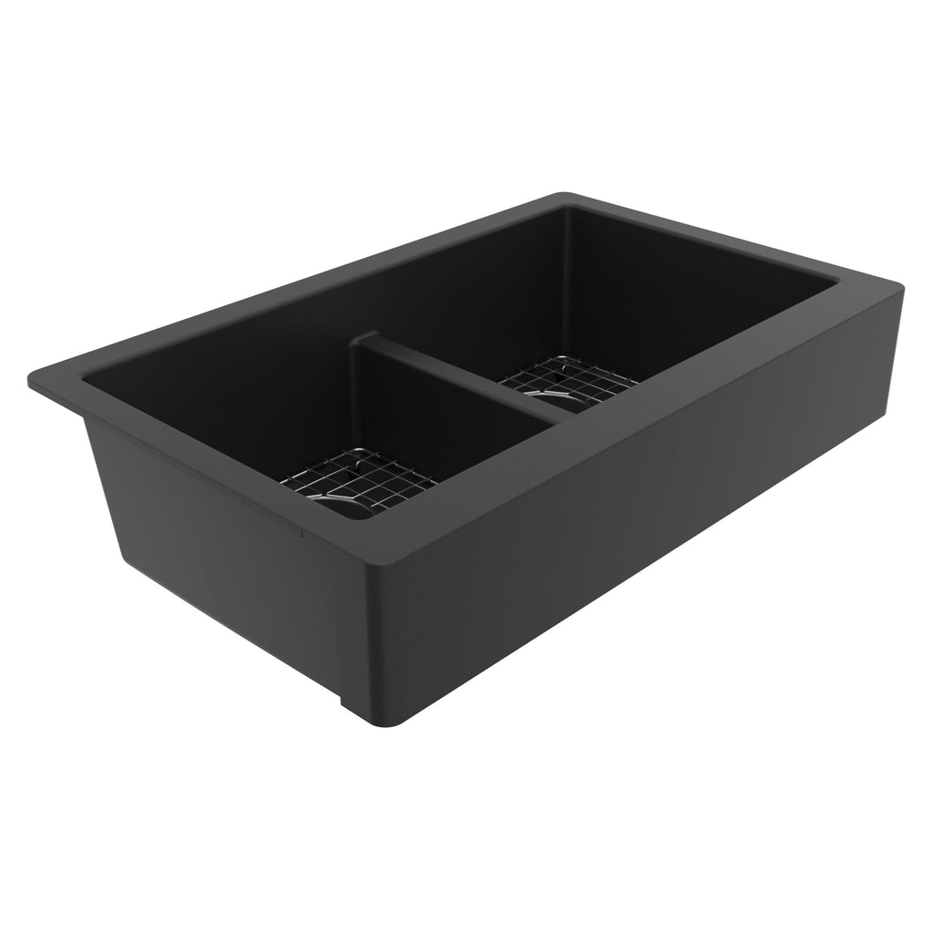 34" Retrofit Farmhouse Double Equal Bowl Quartz Composite Kitchen Sink Kit In Black