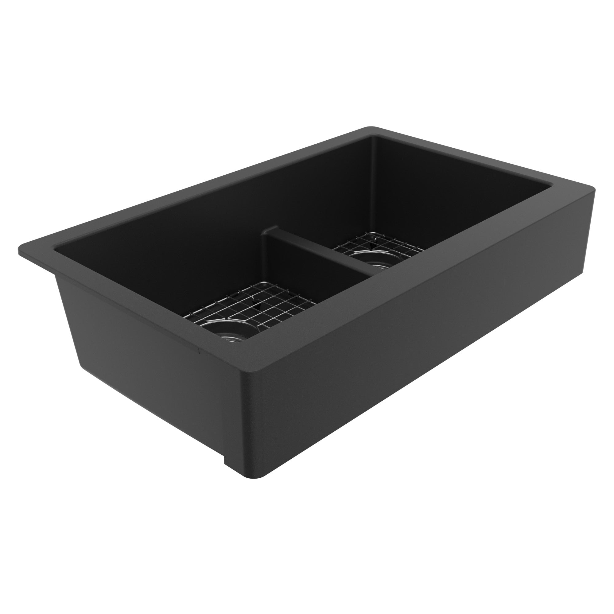 34" Retrofit Farmhouse Double Offset Bowl Quartz Composite Kitchen Sink Kit In Black