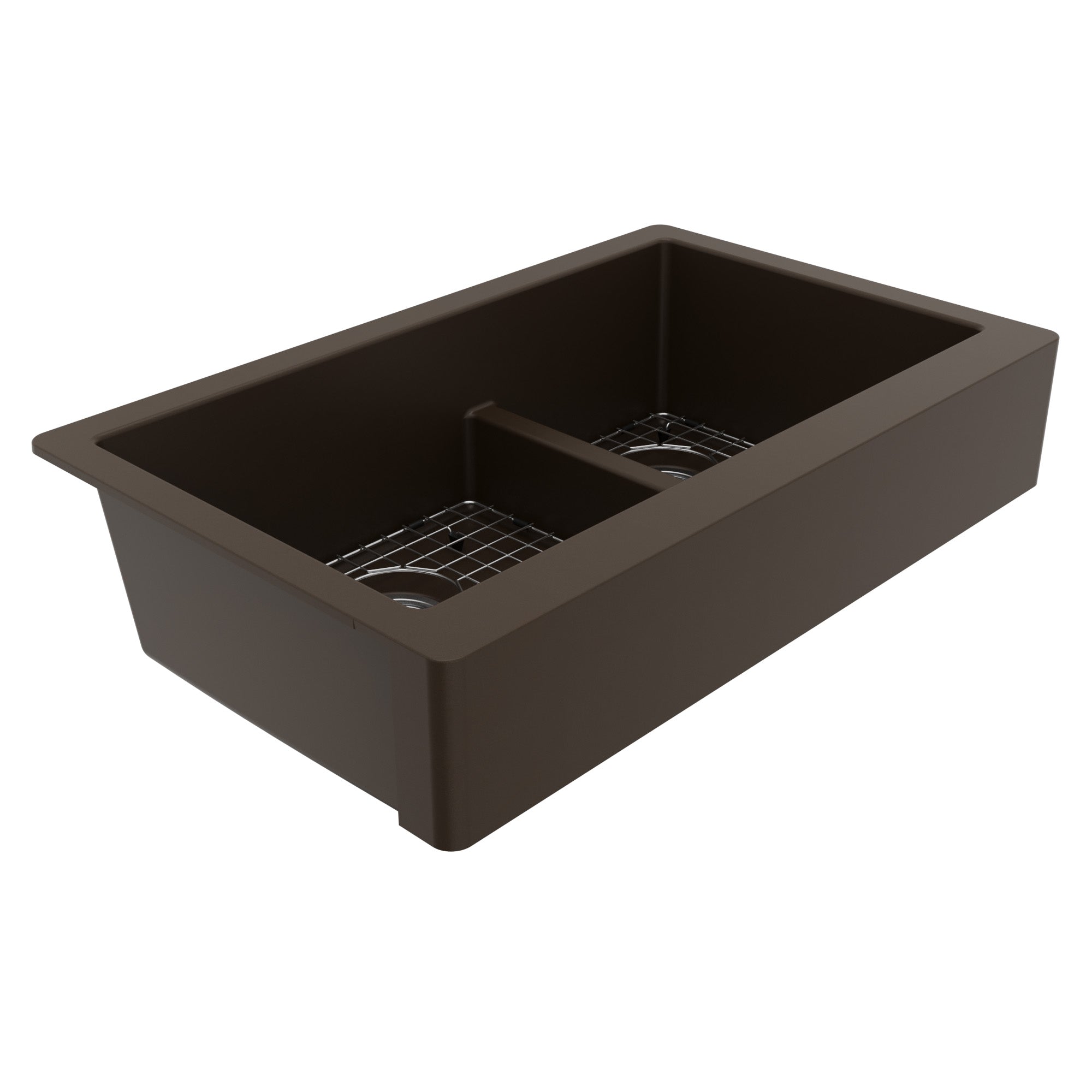 34" Retrofit Farmhouse Double Offset Bowl Quartz Composite Kitchen Sink Kit In Brown