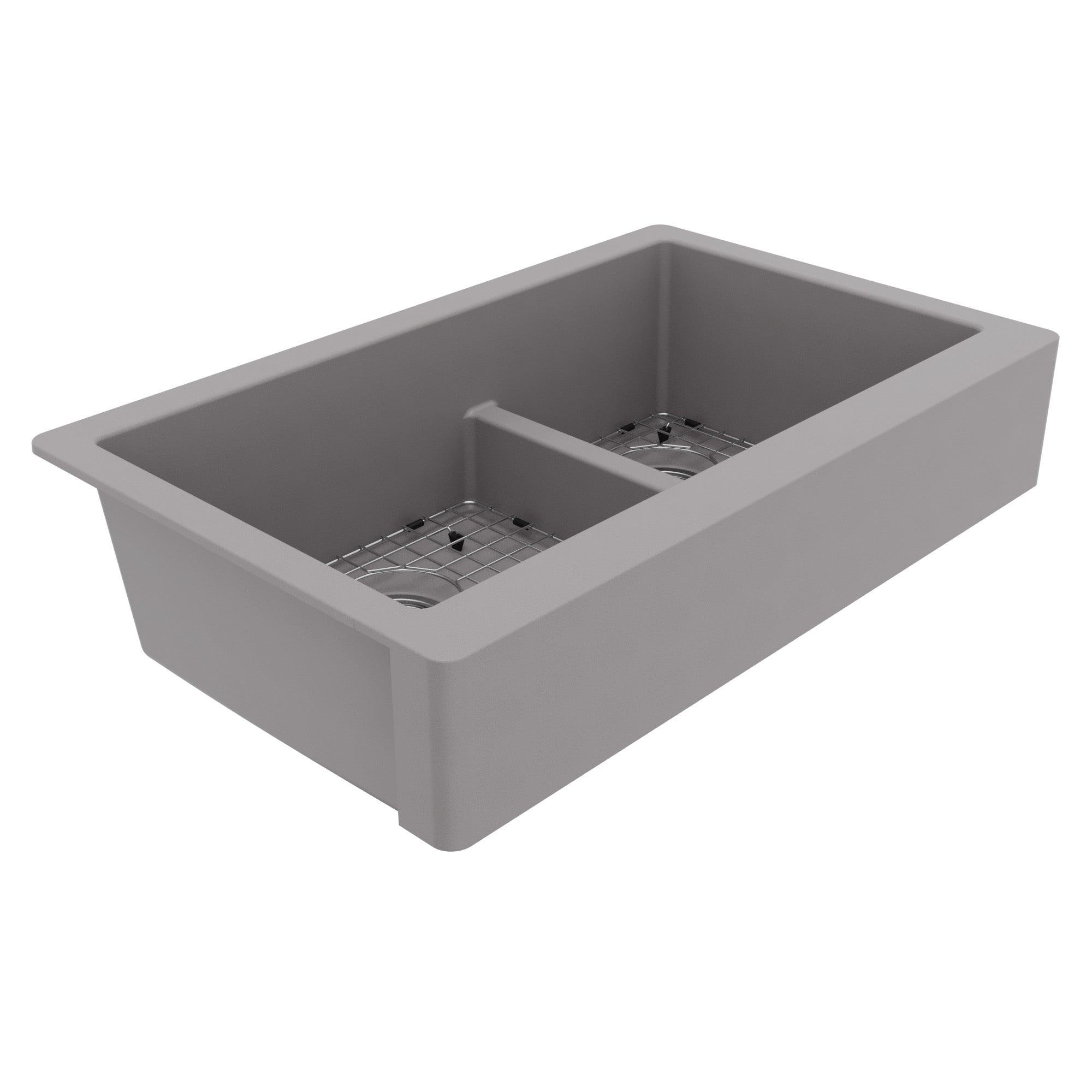 34" Retrofit Farmhouse Double Offset Bowl Quartz Composite Kitchen Sink Kit In Grey