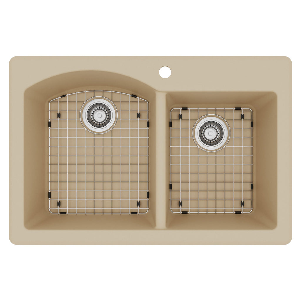 33" Top Mount Double Offset Bowl Quartz Composite Kitchen Sink Kit In Bisque