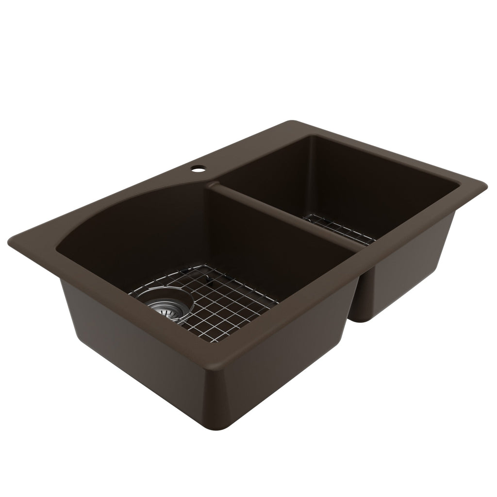 33" Top Mount Double Offset Bowl Quartz Composite Kitchen Sink Kit In Brown