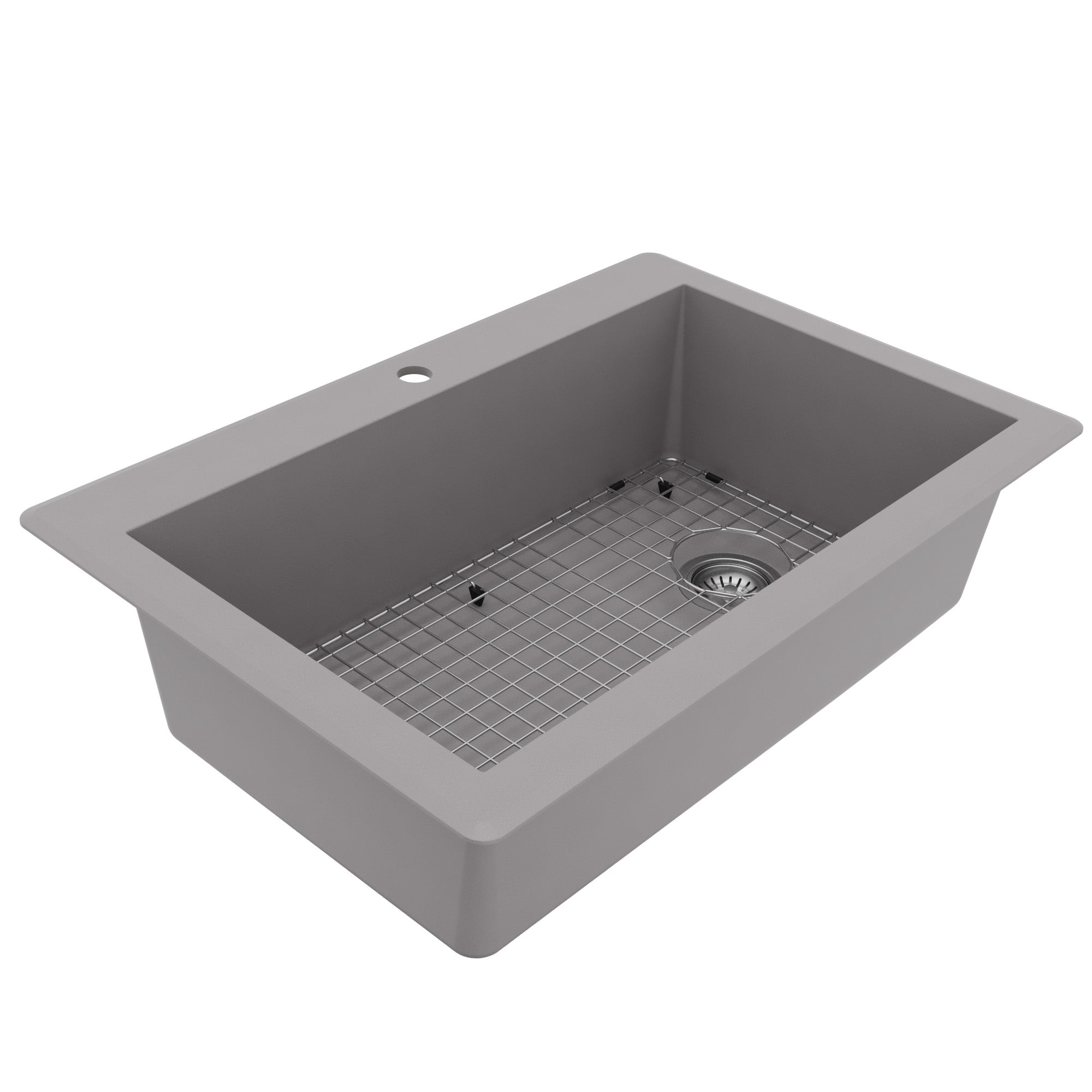33" Top Mount Large Single Bowl Quartz Composite Kitchen Sink Kit In Grey
