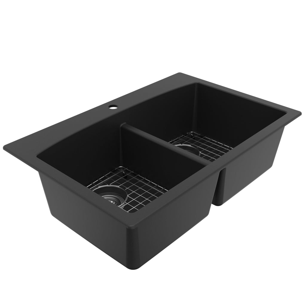 33" Top Mount Double Equal Bowl Quartz Composite Kitchen Sink Kit In Black