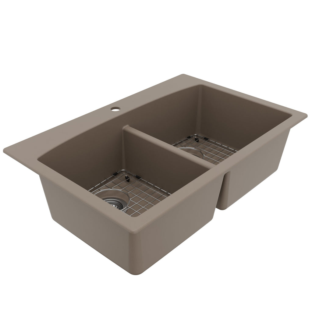 33" Top Mount Double Equal Bowl Quartz Composite Kitchen Sink Kit In Concrete