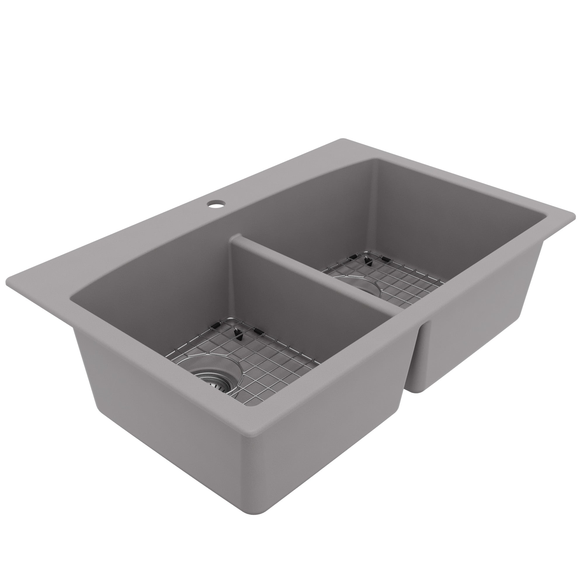 33" Top Mount Double Equal Bowl Quartz Composite Kitchen Sink Kit In Grey
