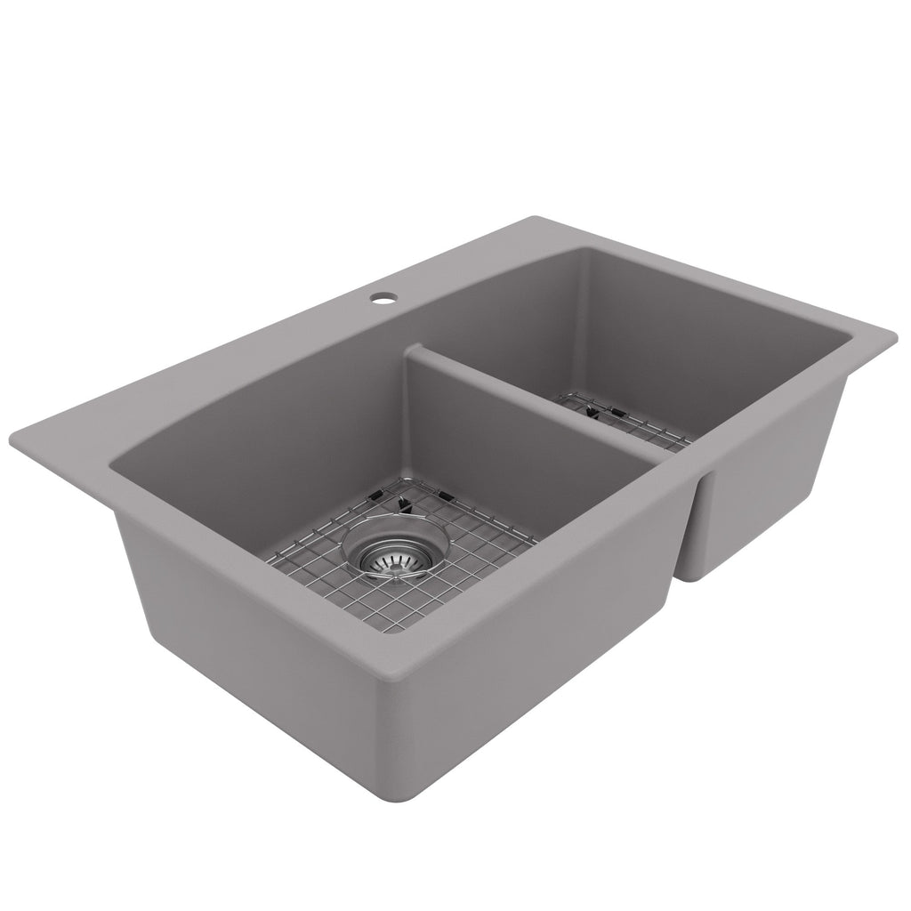 33" Top Mount Double Offset Bowl Quartz Composite Kitchen Sink Kit In Grey