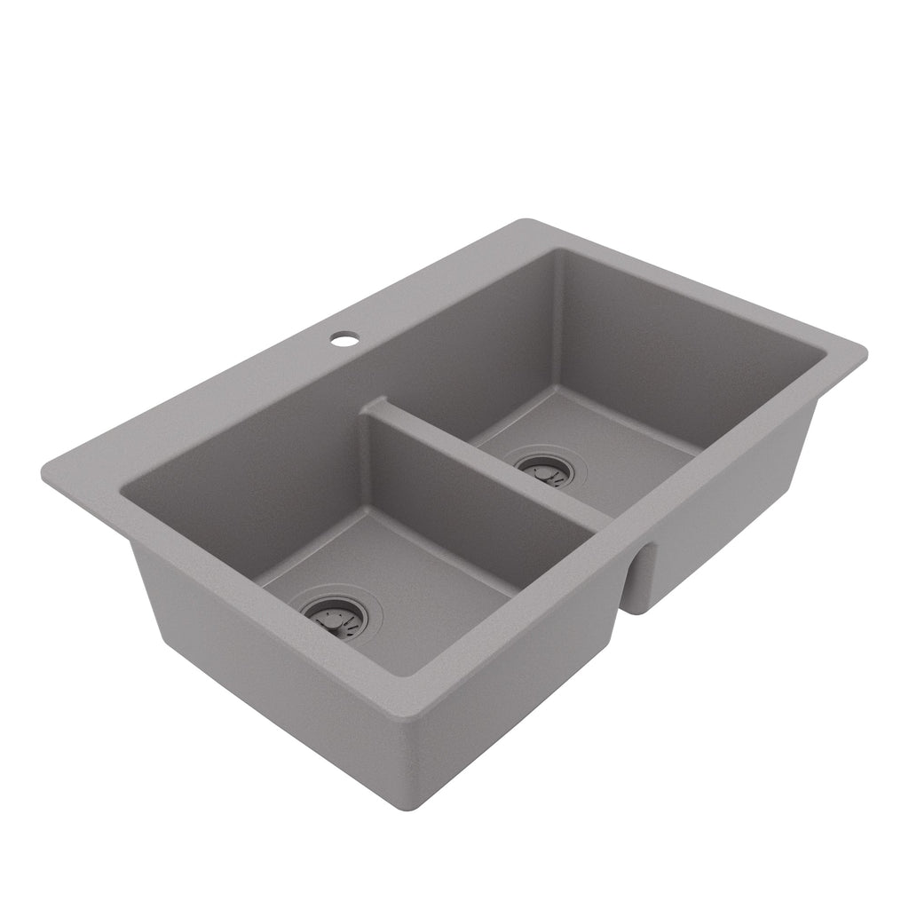 33" Top Mount Double Bowl Quartz Composite Kitchen Sink In Grey