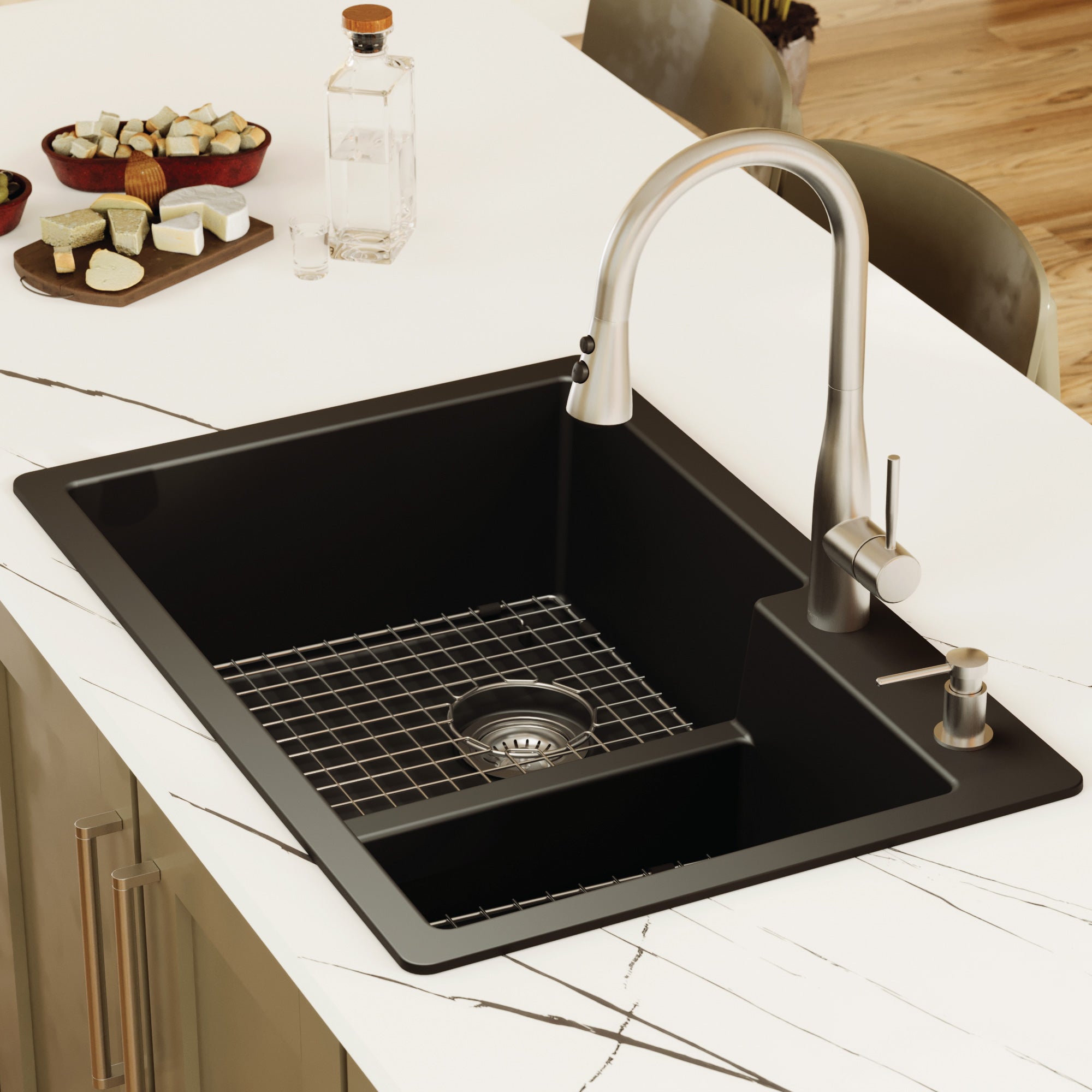 33" Top Mount Double Offset Bowl Quartz Composite Kitchen Sink Kit In Black