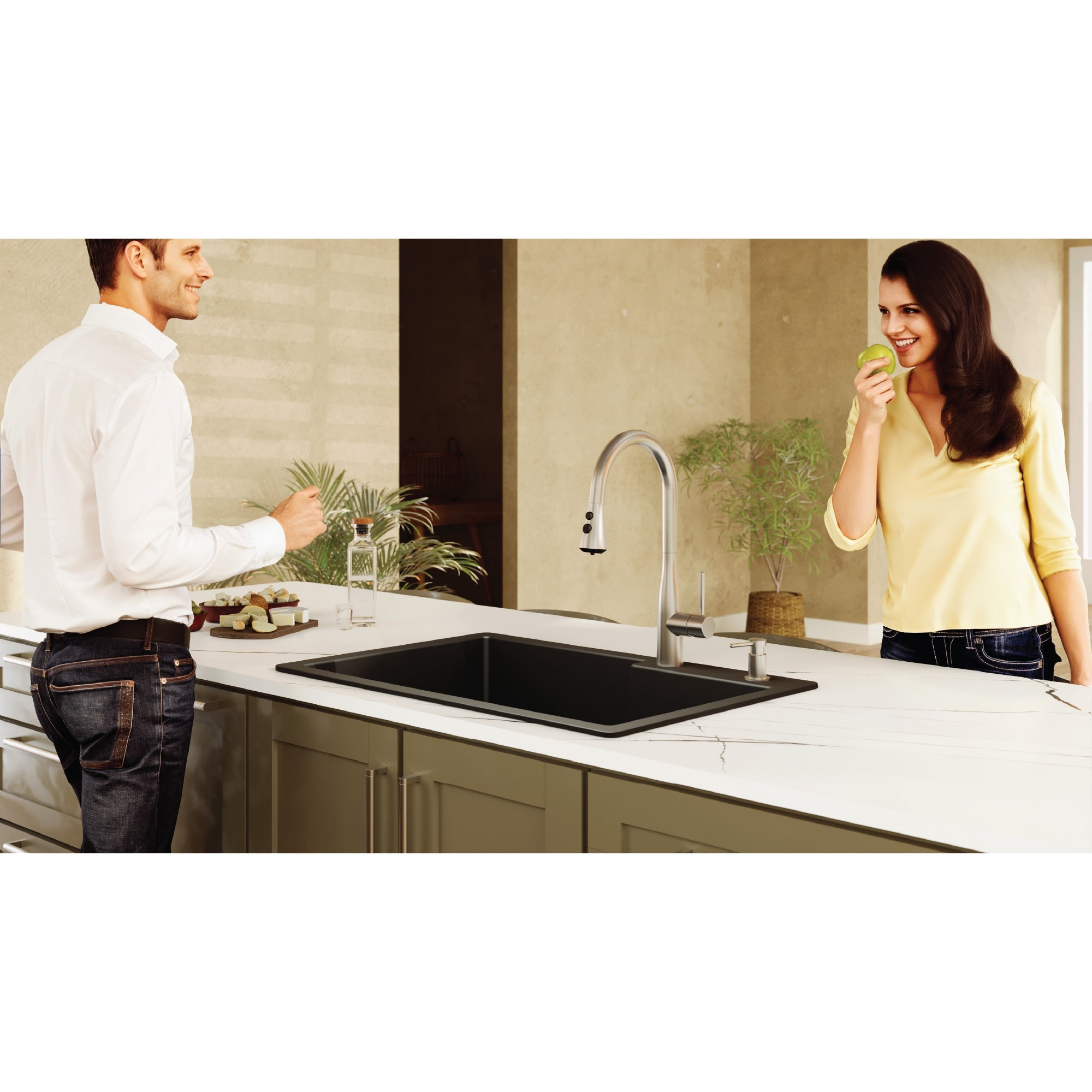 33" Top Mount Double Offset Bowl Quartz Composite Kitchen Sink In Black