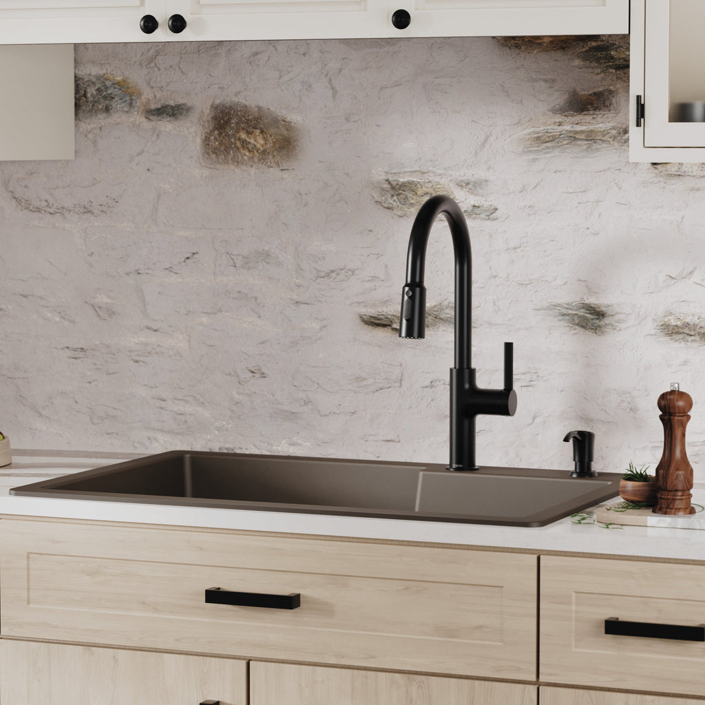 33" Top Mount Double Offset Bowl Quartz Composite Kitchen Sink Kit In Brown