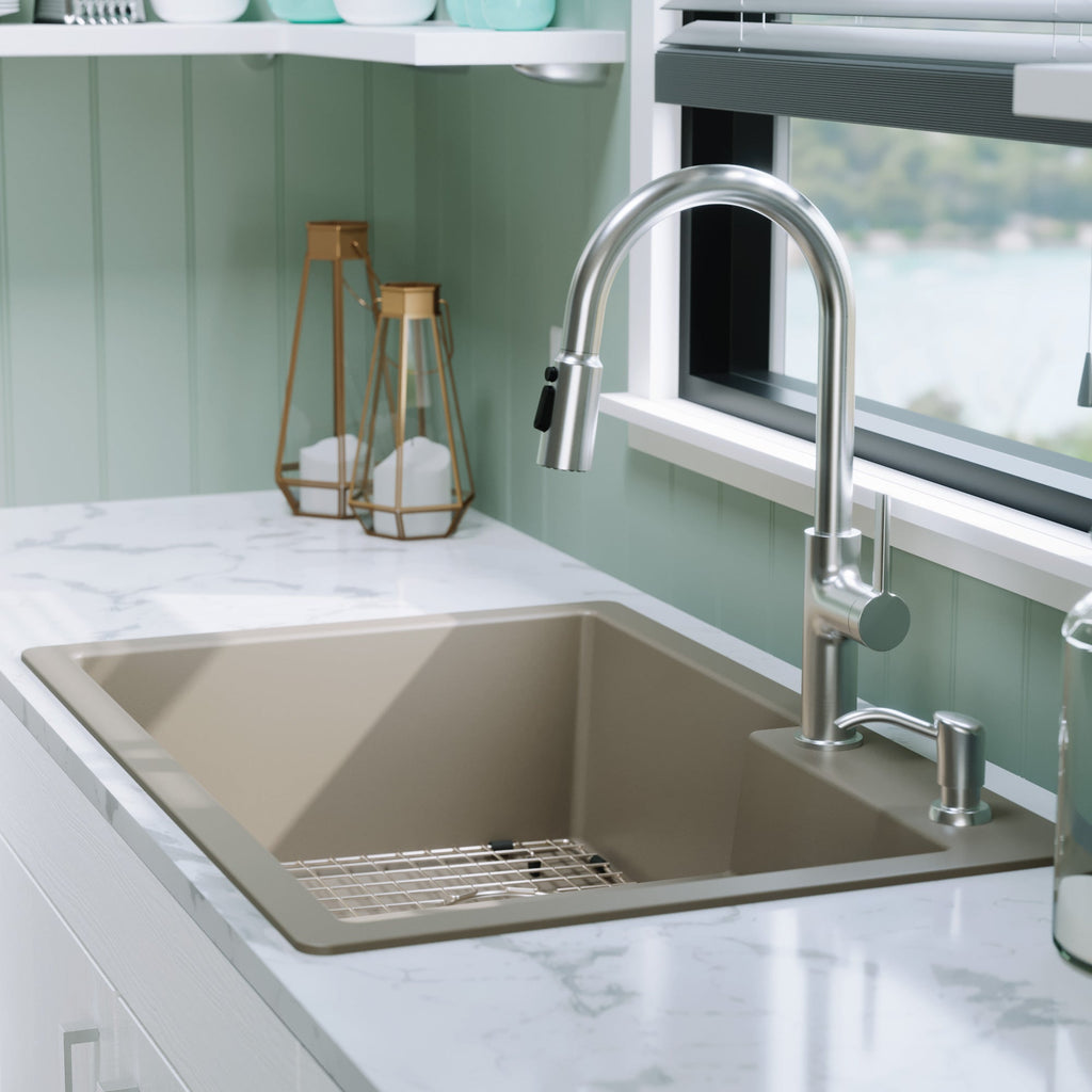 33" Top Mount Double Offset Bowl Quartz Composite Kitchen Sink Kit In Concrete