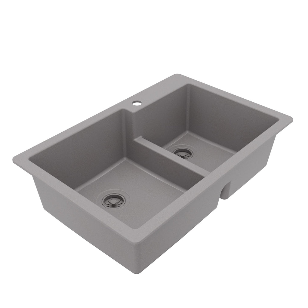 33" Top Mount Double Offset Bowl Quartz Composite Kitchen Sink In Grey