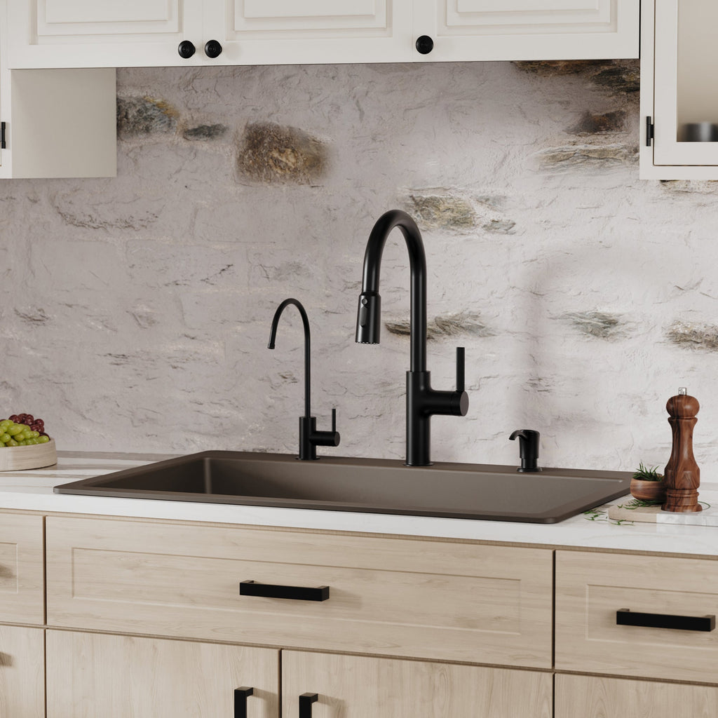 33" Top Mount Large Single Bowl Quartz Composite Kitchen Sink Kit In Brown