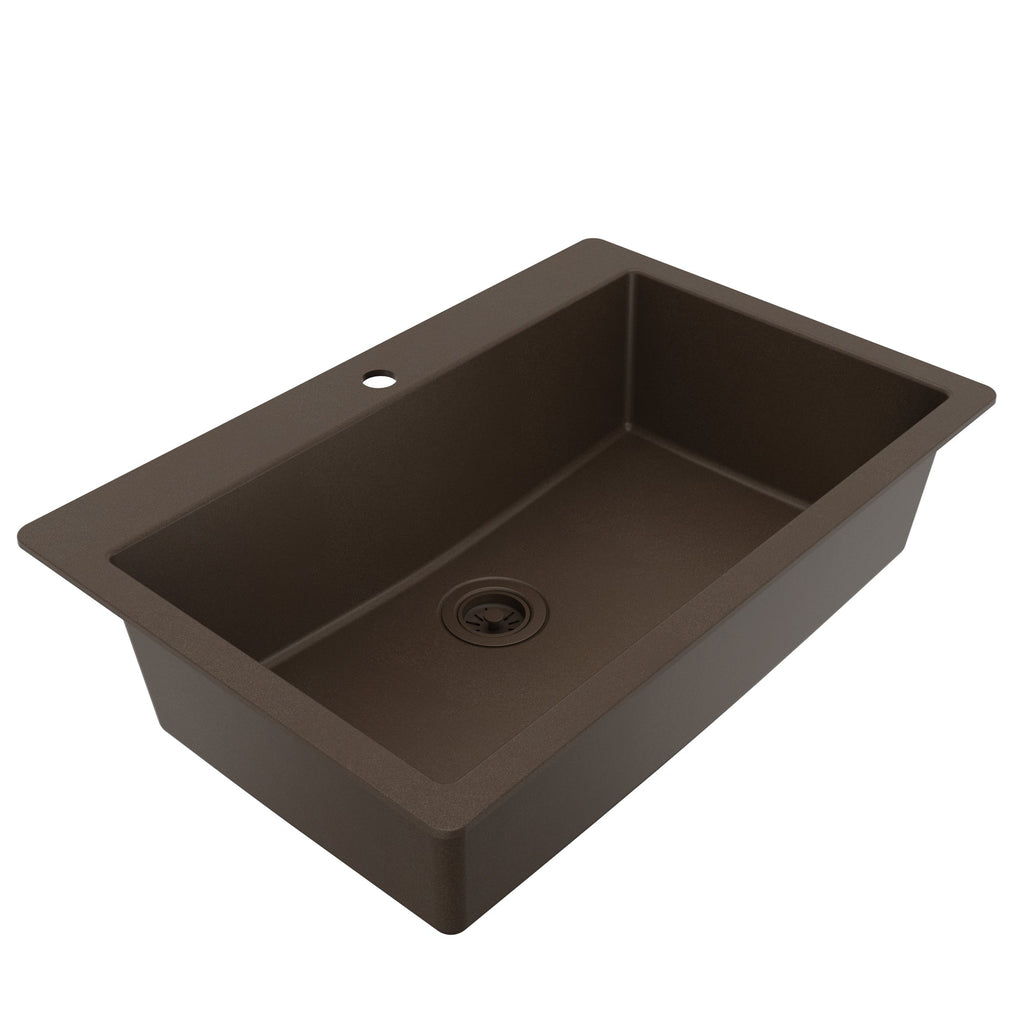 33" Top Mount Large Single Bowl Quartz Composite Kitchen Sink In Brown