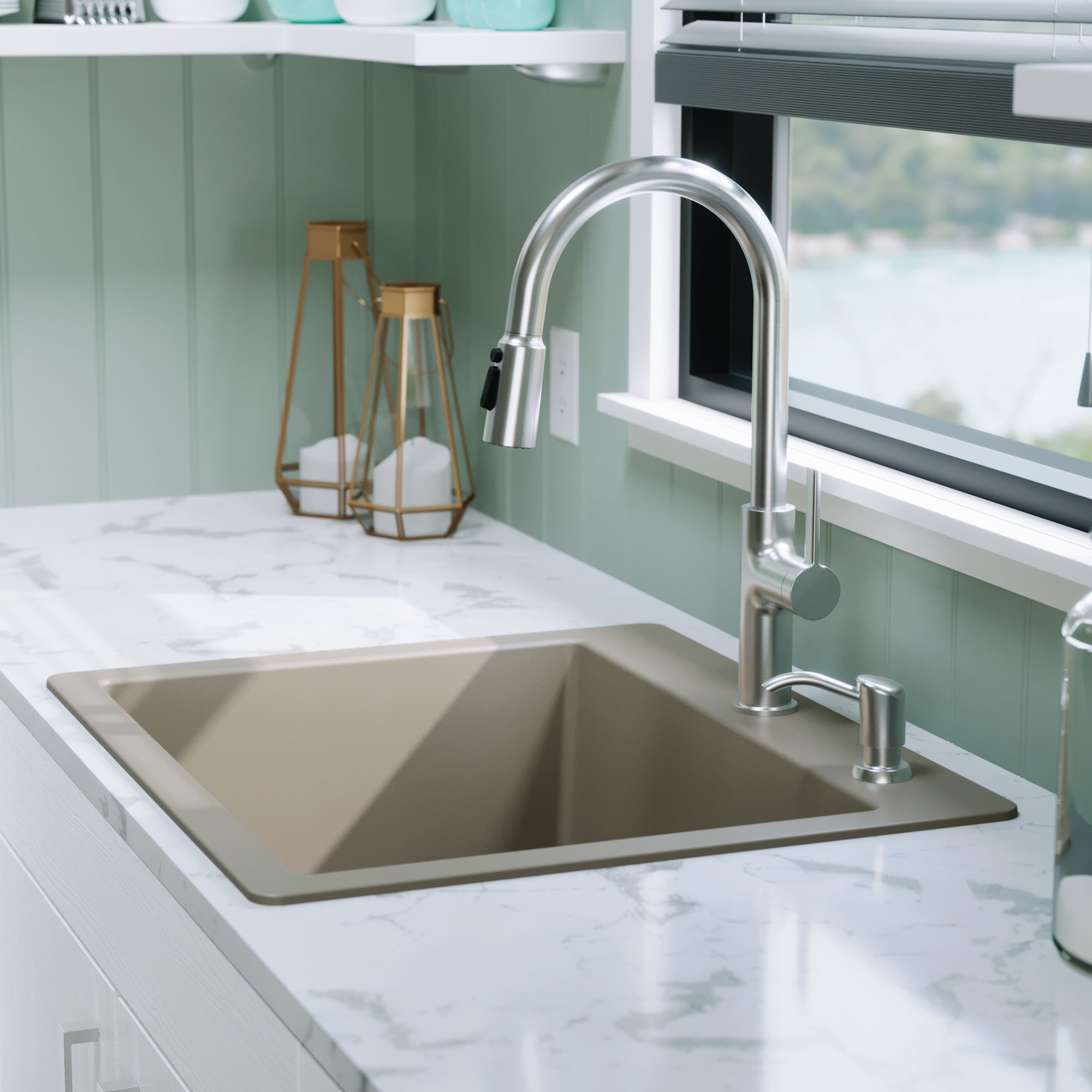 25" Top Mount Single Bowl Quartz Composite Kitchen Sink Kit In Concrete