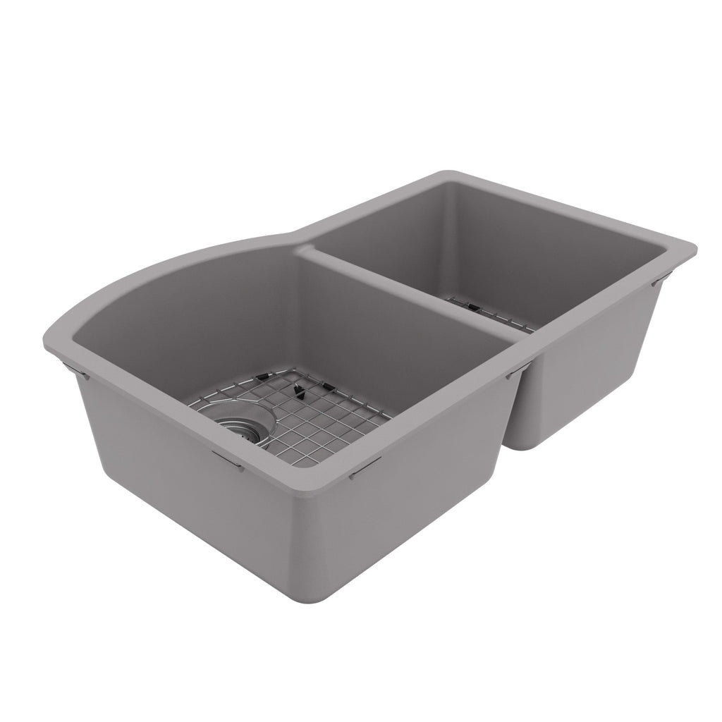 32-1/4" Undermount Double Offset Bowl Quartz Composite Kitchen Sink Kit In Grey