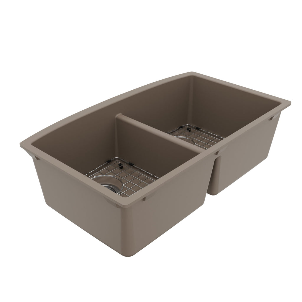 32-1/2" Undermount Double Equal Bowl Quartz Composite Kitchen Sink Kit In Concrete