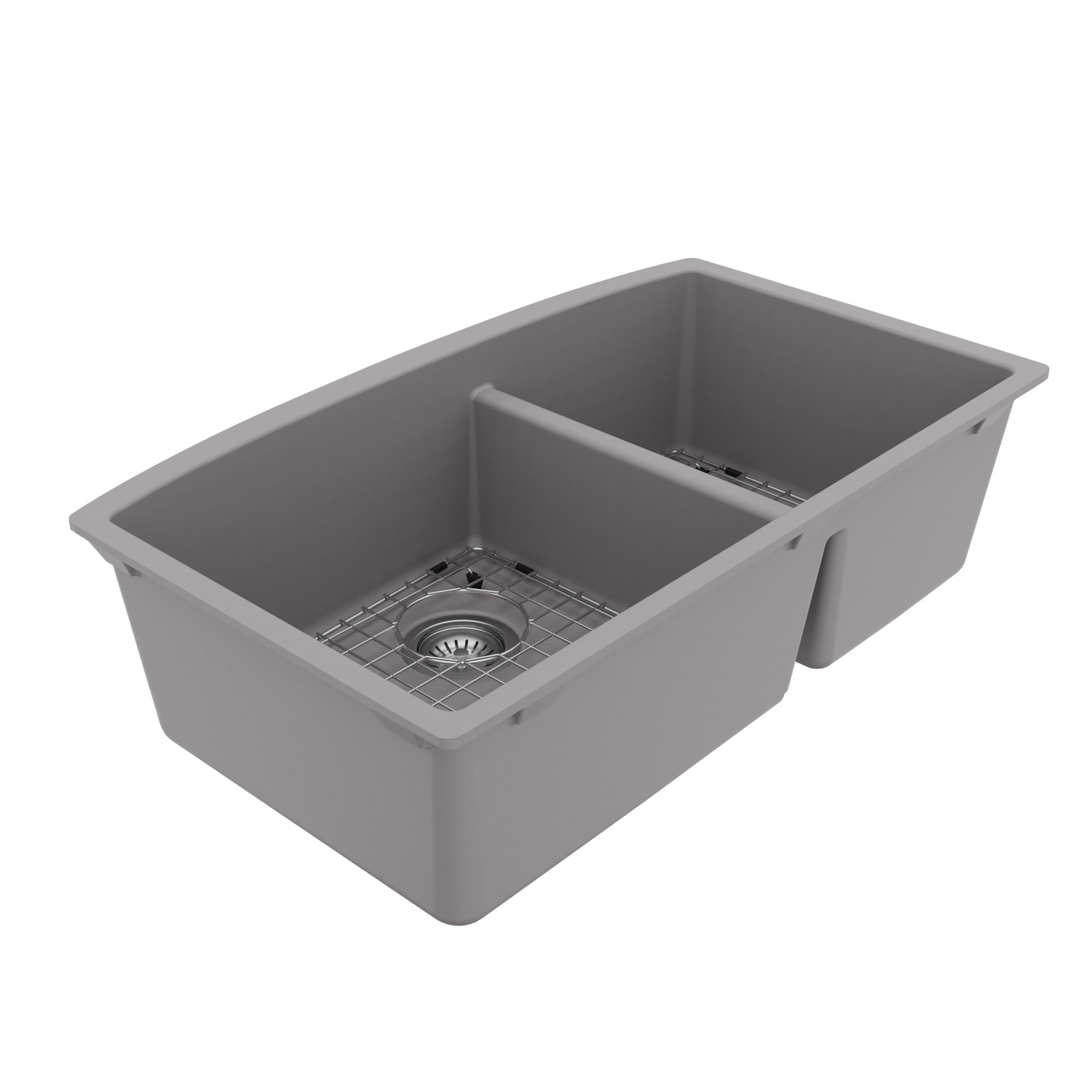 32-1/2" Undermount Double Offset Bowl Quartz Composite Kitchen Sink Kit In Grey
