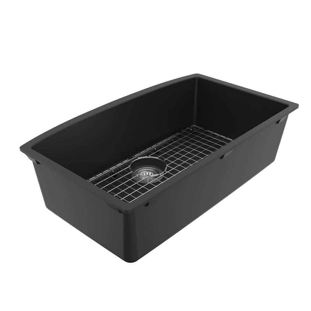 32-1/2" Undermount Large Single Bowl Quartz Composite Kitchen Sink Kit In Black