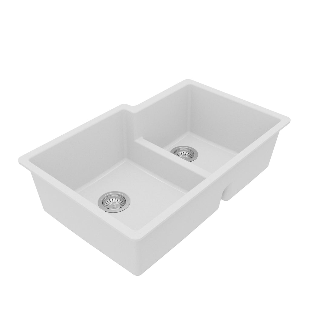 32" Undermount Double Offset Bowl Quartz Composite Kitchen Sink Kit In White