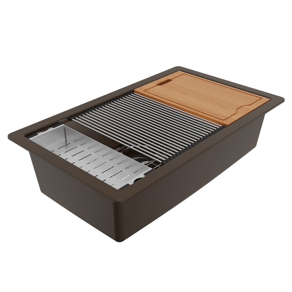 32" Undermount Large Single Bowl Quartz Composite Workstation Kitchen Sink In Brown
