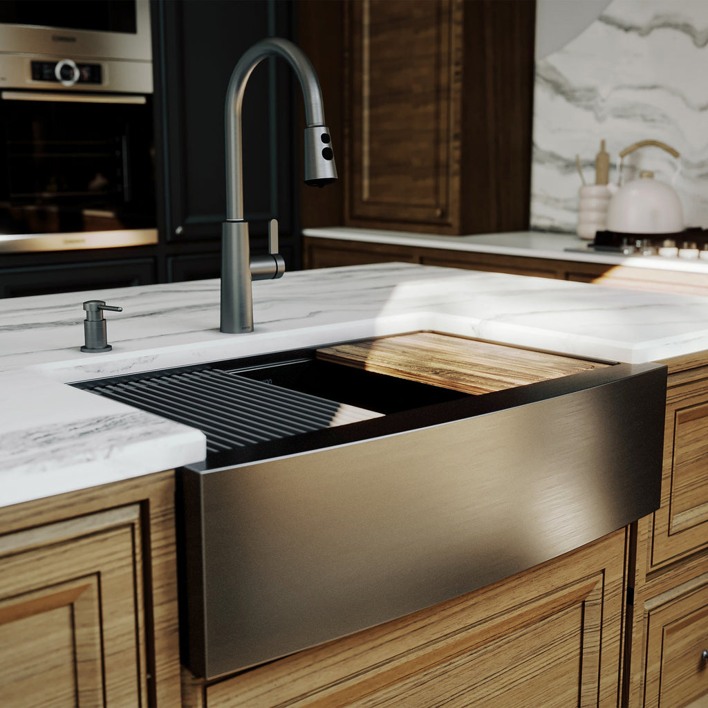Elite 33" Apron Front Workstation 16 Gauge Single Bowl Stainless Steel Kitchen Sink In Gunmetal Black